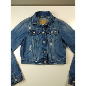 Hollister Jean Jacket Size Medium Cropped Distressed Denim Medium Wash Y2K